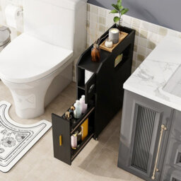 Costway Small Bathroom Storage Cabinet 16Cm Narrow Slim Bathroom Organizer-Black - thumbnail 4