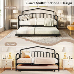 Costway Single Daybed With Rolling Pull Out Trundle No Box Spring Needed Victorian Heavy-Duty Day Bed Frame - thumbnail 8