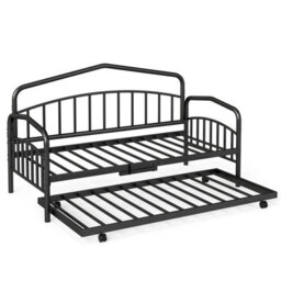 Costway Single Daybed With Rolling Pull Out Trundle No Box Spring Needed Victorian Heavy-Duty Day Bed Frame - thumbnail 1