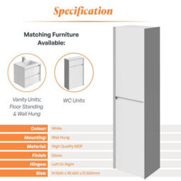 Plum&clay Luna Gloss White Wall Hung Tall Bathroom Cabinet Storage (H)1500mm (W)400mm - thumbnail 4
