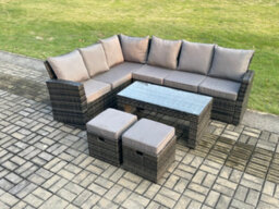 Fimous 8 Seat Rattan Garden Furniture Corner Sofa Set Outdoor Patio Sofa Table Set With 2 Small Footstools Dark Grey Mixed - thumbnail 1