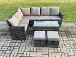 Fimous 8 Seat Rattan Garden Furniture Corner Sofa Set Outdoor Patio Sofa Table Set With 2 Small Footstools Dark Grey Mixed - thumbnail 2