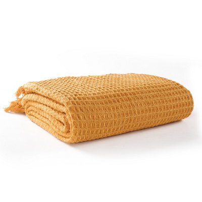 Ehc Waffle Throws For Sofa Armchair Blanket Single Bed Cover, 125 X 150Cm - Ochre - image 1