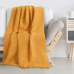 Ehc Waffle Throws For Sofa Armchair Blanket Single Bed Cover, 125 X 150Cm - Ochre - thumbnail 2