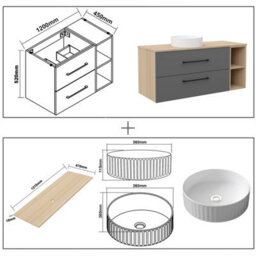 AVER-GROWTH 1210mm Bathroom Vanity Unit With Ceramic Sink 2 Drawer Countertop Basin Wall Hung Matt Grey Oak Bathroom Cabinet Shelves Storage - thumbnail 5