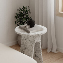 Decortie Chen Modern Round Side End Table 42Cm 2 Legs Multipurpose White Marble Effect Living Room H 50Cm - thumbnail 4