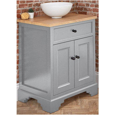 Homestylestore 645mm Light Grey And Oak Bathroom Vanity Unit With Round Countertop Basin And Black Round Handles - image 1