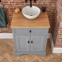 Homestylestore 645mm Light Grey And Oak Bathroom Vanity Unit With Round Countertop Basin And Black Round Handles - thumbnail 2