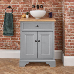 Homestylestore 645mm Light Grey And Oak Bathroom Vanity Unit With Round Countertop Basin And Black Round Handles - thumbnail 3