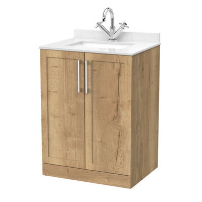 Balterley Stonnall Traditional Floor Standing 2 Door Vanity Unit With Marble Top With Basin, 600mm, Autumn Oak - image 1