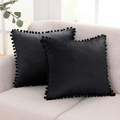 Deconovo 2 Pack Pom Pom Crushed Velvet Cushion Covers With Invisible Zipper 45 X 45 Cm Dark Black - image 1