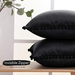 Deconovo 2 Pack Pom Pom Crushed Velvet Cushion Covers With Invisible Zipper 45 X 45 Cm Dark Black - thumbnail 3