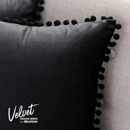 Deconovo 2 Pack Pom Pom Crushed Velvet Cushion Covers With Invisible Zipper 45 X 45 Cm Dark Black - thumbnail 2