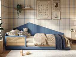 Flair Carter Small Double Montessori Bed With Rattan Panels Navy