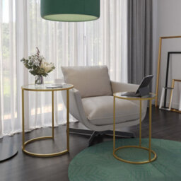 Urbn-Living Urbnliving 59Cm Height Round Nesting Side Coffee Tables Transparent Glass Top With Golden Metal Leg Set Of 2