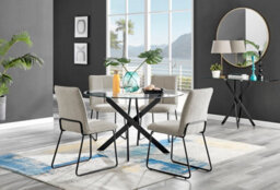 Furniturebox Novara Clear Tempered Glass 120Cm Round Dining Table With Black Starburst Legs & 4 Taupe Halle Soft Fabric Chairs