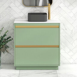 Royal Bathrooms Orion 800mm Mint Sage Floor Standing Plain White Countertop Vanity Unit 2 Drawer With Art Square Basin & Brushed Brass Accent Trim - thumbnail 1