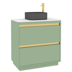 Royal Bathrooms Orion 800mm Mint Sage Floor Standing Plain White Countertop Vanity Unit 2 Drawer With Art Square Basin & Brushed Brass Accent Trim - thumbnail 6
