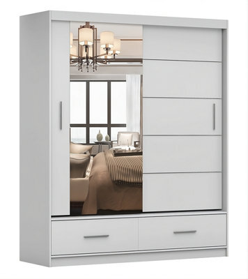Arte Florence Matt White Mirrored Sliding Door Wardrobe 1500mm H2180mm D600mm - Elegant Storage Solution - Two Drawers And Five Shelves - image 1