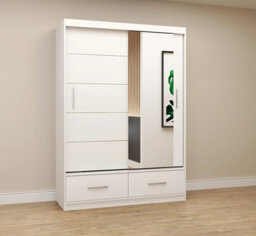 Arte Florence Matt White Mirrored Sliding Door Wardrobe 1500mm H2180mm D600mm - Elegant Storage Solution - Two Drawers And Five Shelves - thumbnail 2