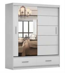 Arte Florence Matt White Mirrored Sliding Door Wardrobe 1500mm H2180mm D600mm - Elegant Storage Solution - Two Drawers And Five Shelves - thumbnail 1