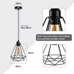 Geometric  Black Pendant Light  With Industrial Metal Cage Design And E27 Socket For Kitchen Dining Room Or Living Room - thumbnail 2