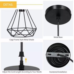 Geometric  Black Pendant Light  With Industrial Metal Cage Design And E27 Socket For Kitchen Dining Room Or Living Room - thumbnail 3