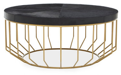 Orsina Black Round Coffee Table, Hair On Hide Leather Top With Gold Iron Frame, Modern Luxe Table For Living Room - image 1