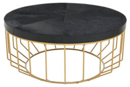 Orsina Black Round Coffee Table, Hair On Hide Leather Top With Gold Iron Frame, Modern Luxe Table For Living Room - thumbnail 2