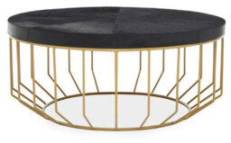 Orsina Black Round Coffee Table, Hair On Hide Leather Top With Gold Iron Frame, Modern Luxe Table For Living Room