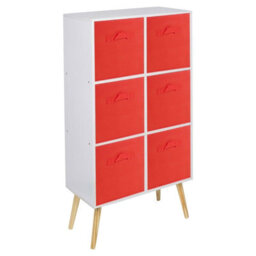 Urbn-Living Urbnliving 90Cm Height 6 Cube White Wooden Bookcase With Beech Legs Red Shelf Storage Drawers