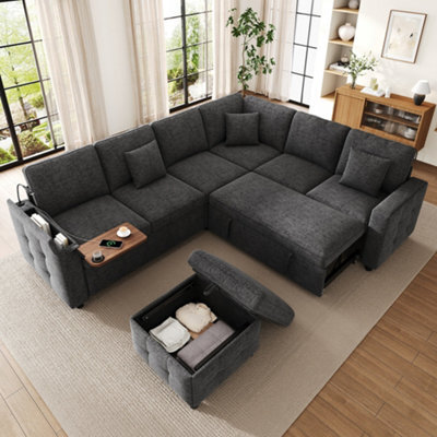 Btm Xxl L Shaped 7 Seater Corner Sofa Bed Pull Out Convertible Sofa Led Reading Light Usb C Ports Armrest Storage Grey - image 1