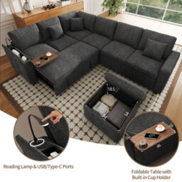 Btm Xxl L Shaped 7 Seater Corner Sofa Bed Pull Out Convertible Sofa Led Reading Light Usb C Ports Armrest Storage Grey - thumbnail 9
