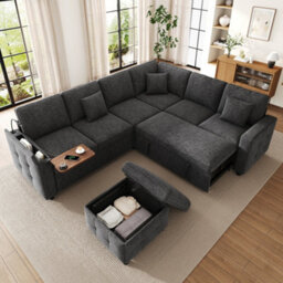 Btm Xxl L Shaped 7 Seater Corner Sofa Bed Pull Out Convertible Sofa Led Reading Light Usb C Ports Armrest Storage Grey - thumbnail 1