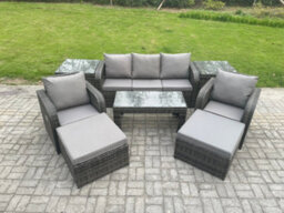 Fimous Rattan Garden Furniture Set With Rectangular Coffee Table 2 Side Tables 2 Big Footstool 7 Seater Patio Lounge Sofa Set - thumbnail 1