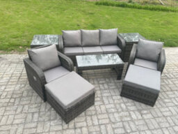 Fimous Rattan Garden Furniture Set With Rectangular Coffee Table 2 Side Tables 2 Big Footstool 7 Seater Patio Lounge Sofa Set - thumbnail 2