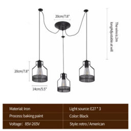 Vintage Black Ceiling Light Shade 3-Light Chandelier Pendant Light E27 - thumbnail 5