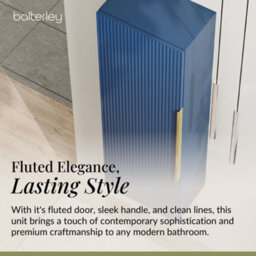 Balterley Fluted Front Wall Hung Single Door Tall Bathroom Storage Unit, 400mm, Blue, Brushed Brass Handle - thumbnail 4