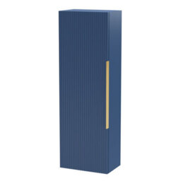 Balterley Fluted Front Wall Hung Single Door Tall Bathroom Storage Unit, 400mm, Blue, Brushed Brass Handle