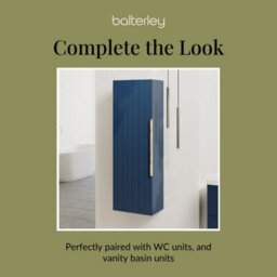 Balterley Fluted Front Wall Hung Single Door Tall Bathroom Storage Unit, 400mm, Blue, Brushed Brass Handle - thumbnail 7