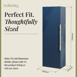 Balterley Fluted Front Wall Hung Single Door Tall Bathroom Storage Unit, 400mm, Blue, Brushed Brass Handle - thumbnail 5
