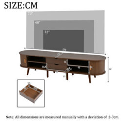 Tv Stand With 2 Drawers, 2 Sliding Doors, 2-Tier Storage Shelf And Rounded Corners, Dark Oak - thumbnail 9