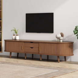 Tv Stand With 2 Drawers, 2 Sliding Doors, 2-Tier Storage Shelf And Rounded Corners, Dark Oak - thumbnail 5