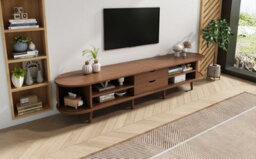 Tv Stand With 2 Drawers, 2 Sliding Doors, 2-Tier Storage Shelf And Rounded Corners, Dark Oak - thumbnail 8