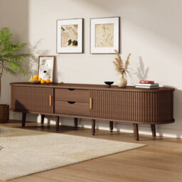 Tv Stand With 2 Drawers, 2 Sliding Doors, 2-Tier Storage Shelf And Rounded Corners, Dark Oak - thumbnail 4