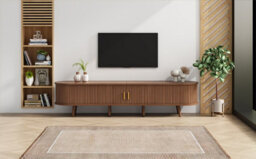 Tv Stand With 2 Drawers, 2 Sliding Doors, 2-Tier Storage Shelf And Rounded Corners, Dark Oak - thumbnail 7
