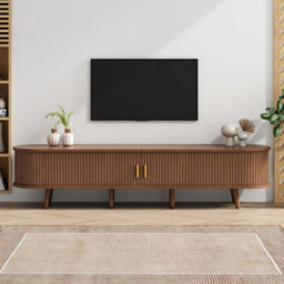 Tv Stand With 2 Drawers, 2 Sliding Doors, 2-Tier Storage Shelf And Rounded Corners, Dark Oak - thumbnail 2