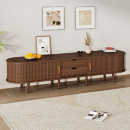 Tv Stand With 2 Drawers, 2 Sliding Doors, 2-Tier Storage Shelf And Rounded Corners, Dark Oak - thumbnail 3