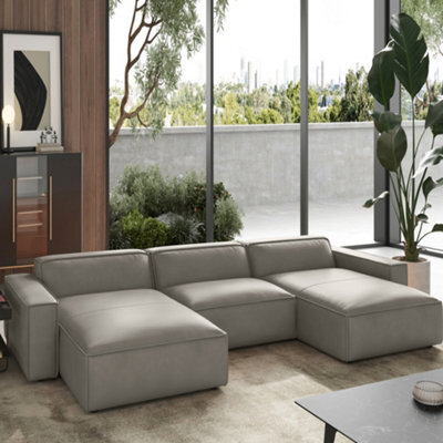 Valencia Nathan Full Aniline Leather Lounge Modular Three Seats Double Chaise Sofa Light Grey Fsc Pine Wood - image 1