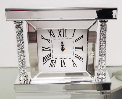 Deenz Crushed Jewel Mirror Wall Clock Roman Numbers Pillars Diamante Mirror Glass Clock H 27 X W 32 X D 8Cm